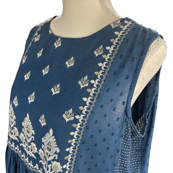 Utsa Jumper Dress Size XXL Blue Embroidered Floral Cottagecore Cotton Boho Midi - Picture 2 of 12